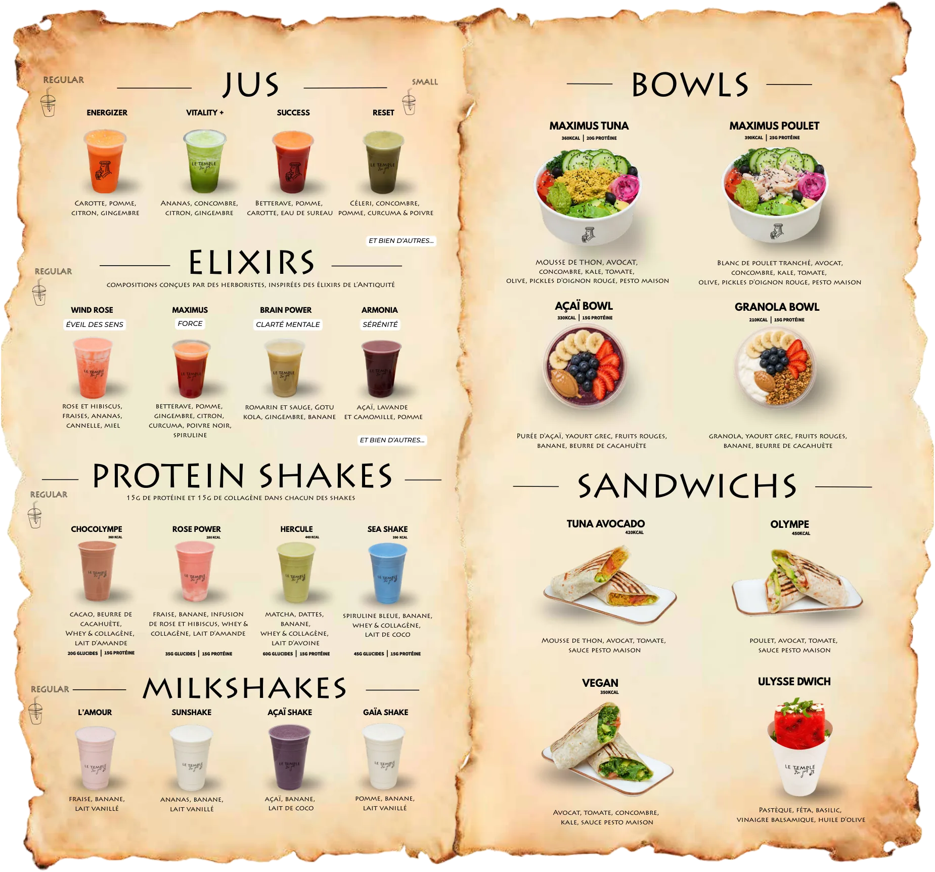 Carte du Temple du Jus — jus, élixirs, protein shakes, milkshakes, bowls et sandwichs