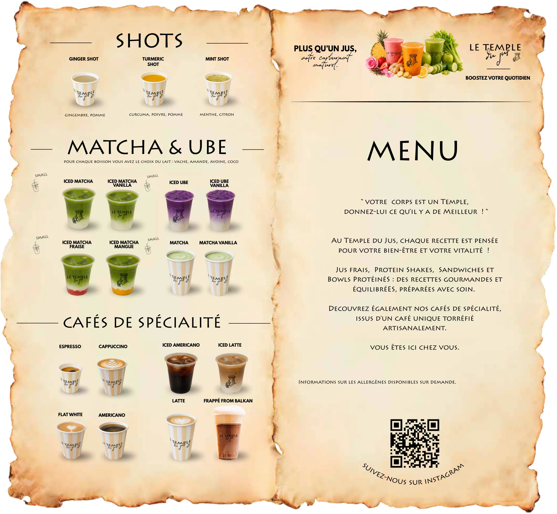 Carte du Temple du Jus — shots, matcha & ube, cafés de spécialité